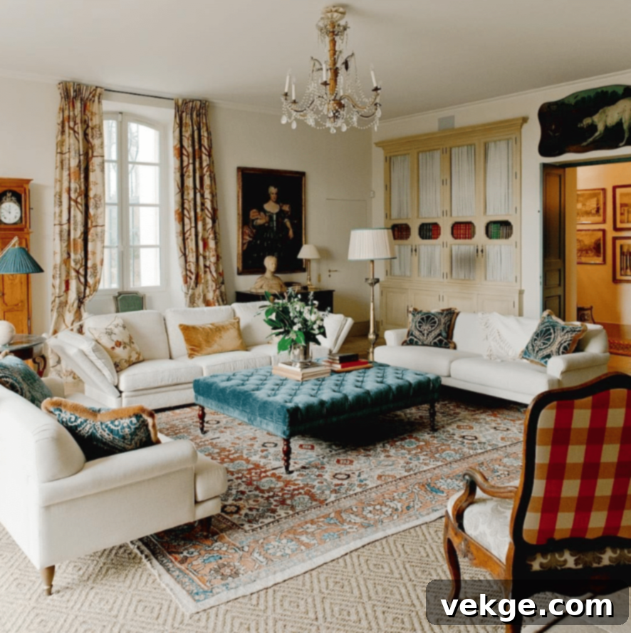 Rustic French Country Living Room with Floral Curtains and Cream Walls