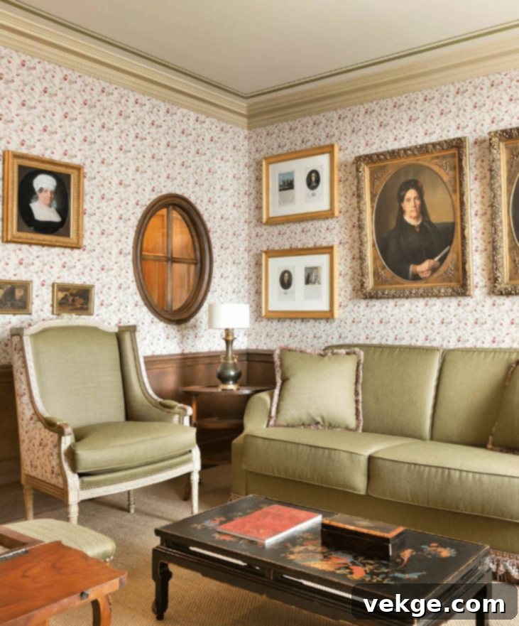 Patterned Wallpaper in French Country Living Room