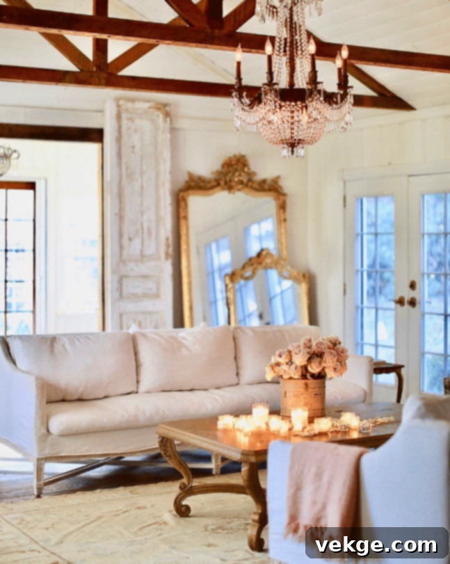Elegant Crystal Chandelier in French Country Living Room