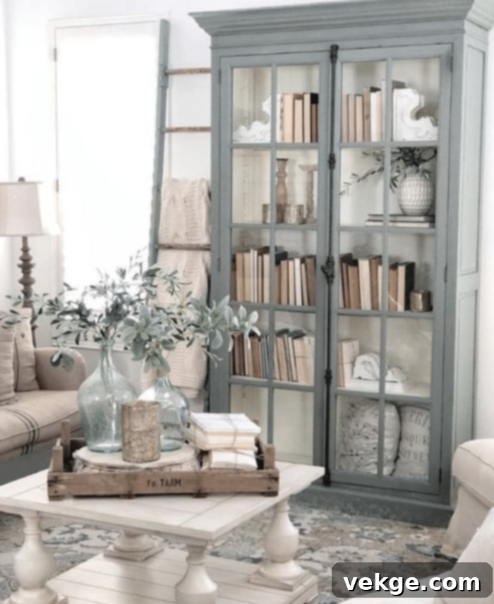 Glass Door Cabinet in French Country Living Room