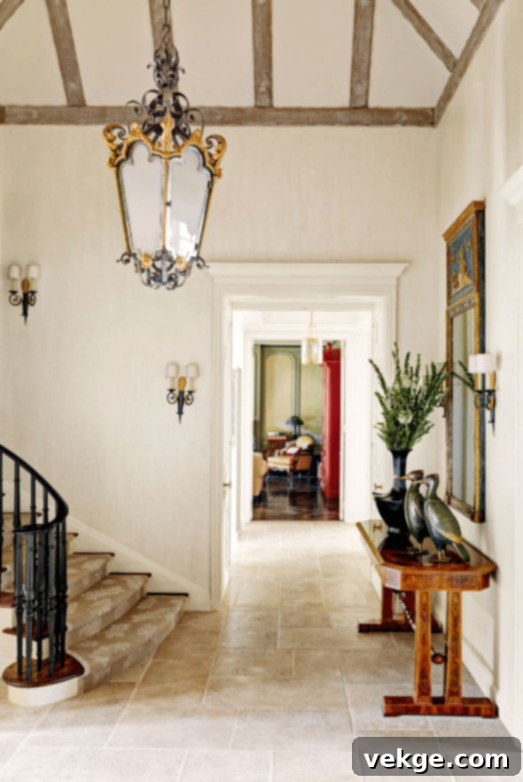 Luminous Vintage Lighting in French Country Foyer
