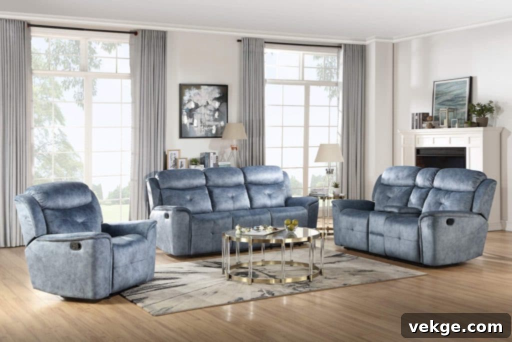 Silver Blue Mariana Reclining Sofa with Pillow Top Armrest for Cozy Coastal Homes