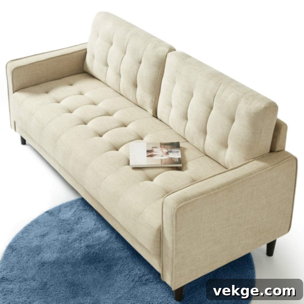 Benton Sofa Couch with Grid Tufting and Round Arms for Chic Beach Houses