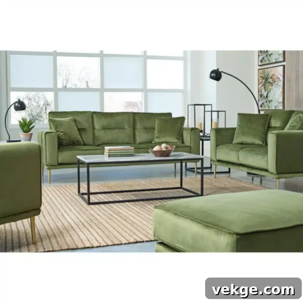 Modern Velvet Glam Sofa in Moss Green with Brass Legs for Coastal Bedrooms