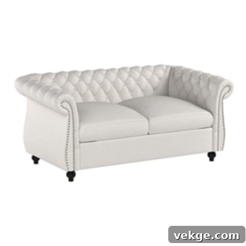 White Traditional Chesterfield Loveseat with Scrolled Arms for Coastal Charm