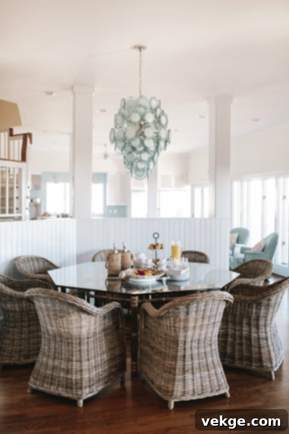 Glass Top and Hexagonal Coastal Dining Table with Rattan Base