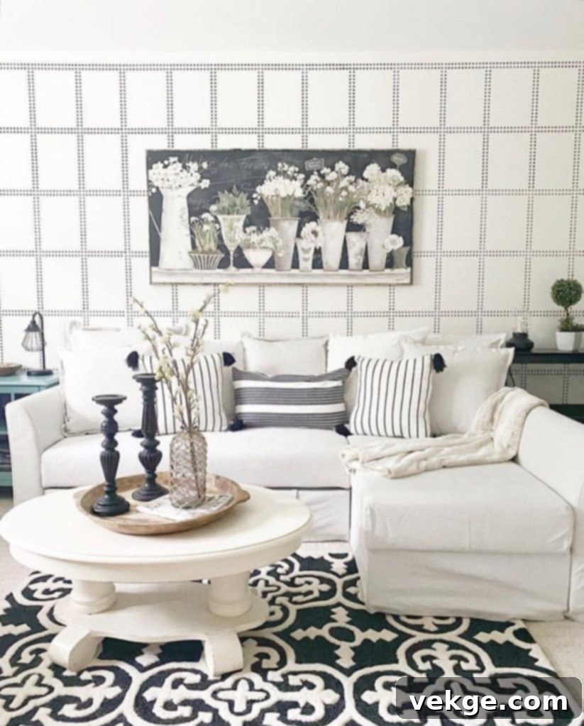 Industrial Living Room with White Walls and Stencils