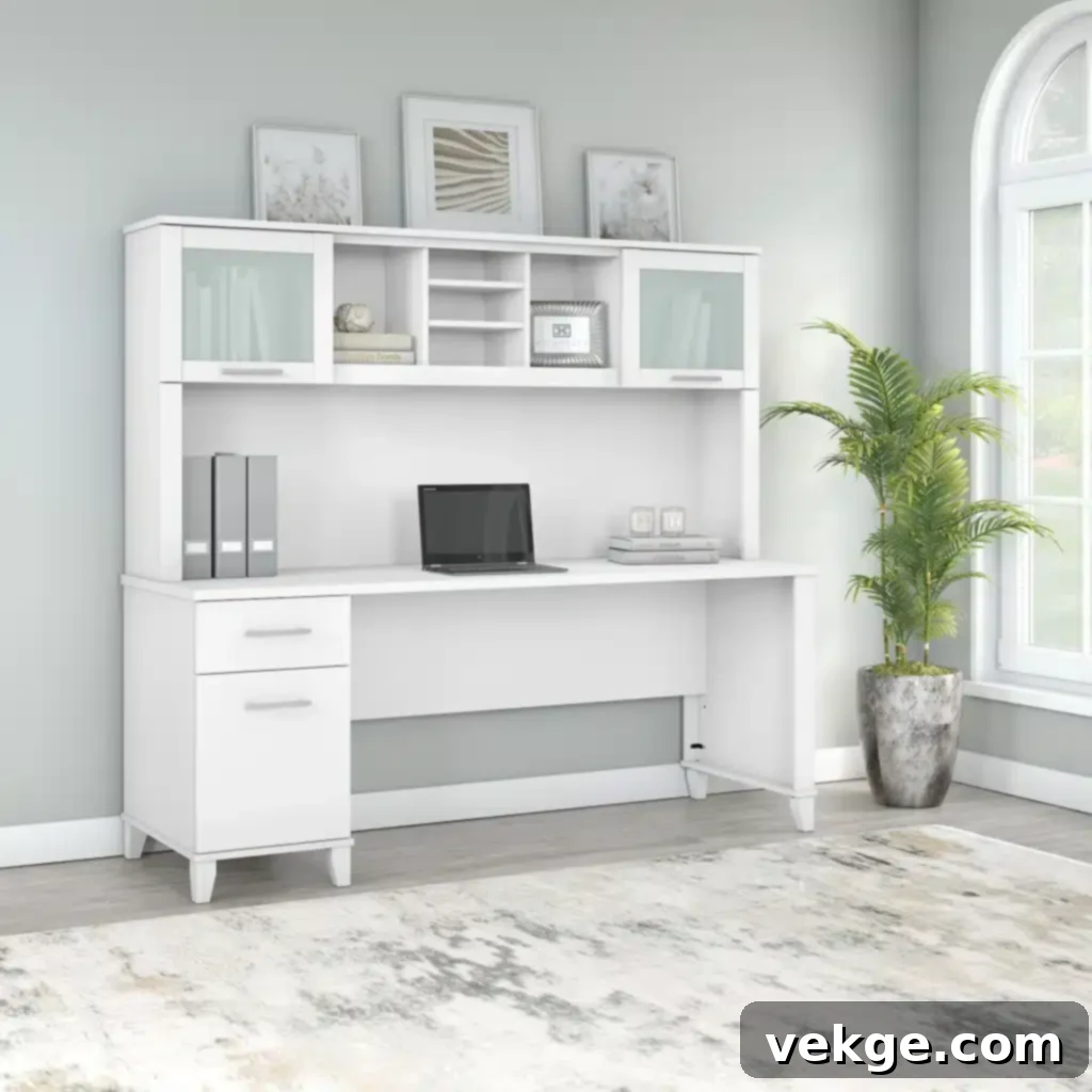 desk with cabinets or shelves above it