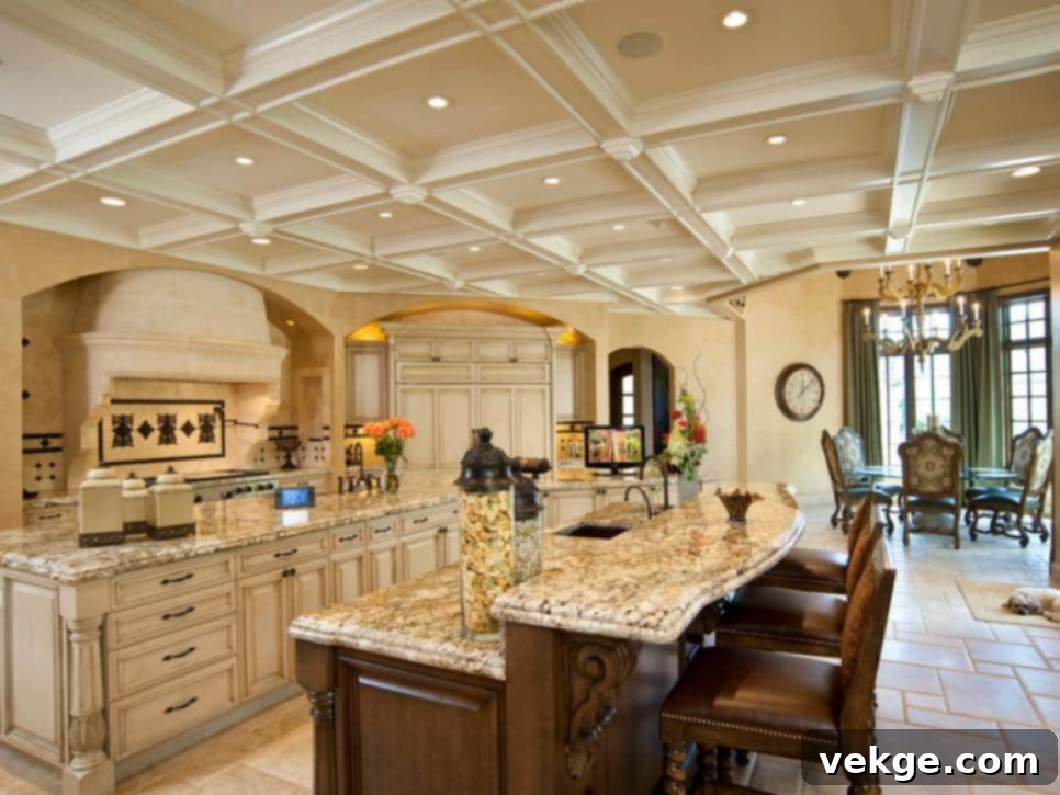 Kitchen with Ceiling Rafters and a Raised Block of Wall