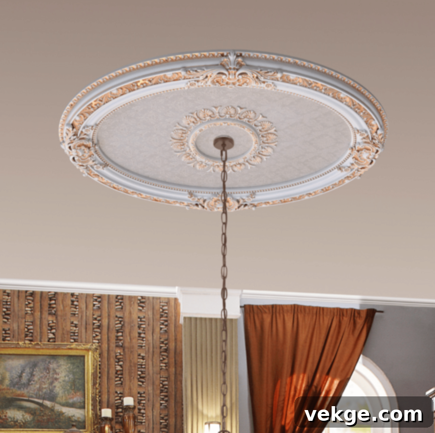 Massive Ceiling Medallion surrounding a chandelier