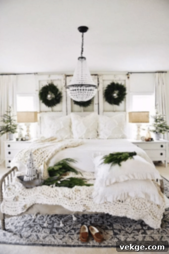 Textured Christmas bedroom with cedar wreaths and greenery