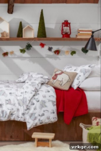 Kids' Christmas bedroom with shelves stacked with holiday goodies