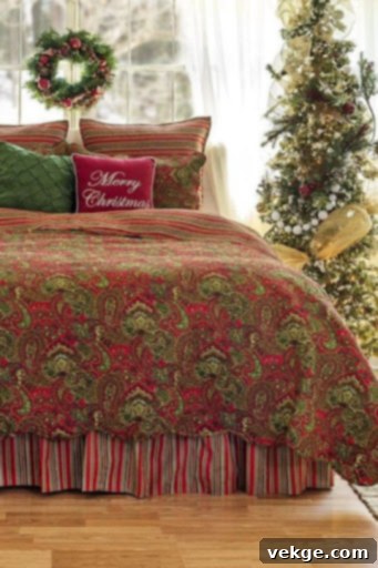 Maximalist Christmas bedroom with a festive bed skirt, pillows, and wreath