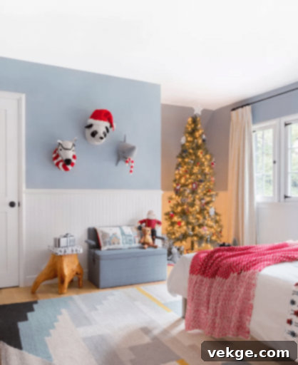 Christmas children's bedroom with a towering tree in an alcove
