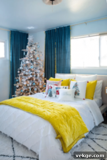 Christmas bedroom with unconventional blue and neon yellow palette