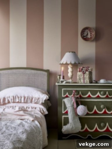 Festive bedroom with playful patterns and soft pink bedding