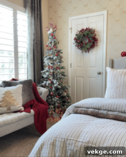 Classic red and green Christmas bedroom decor with a festive tree