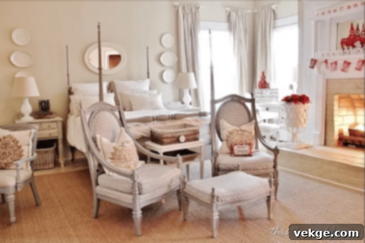 Neutral-toned bedroom with bright red Christmas accents
