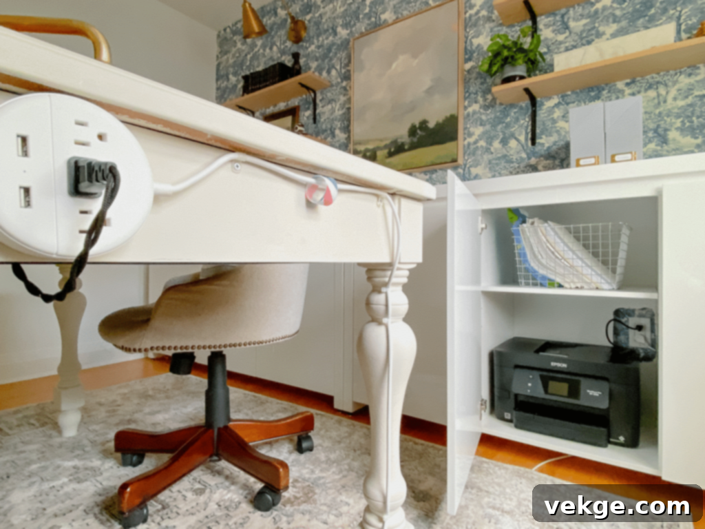 Organized desk with hidden cords and wires in a Scandinavian office