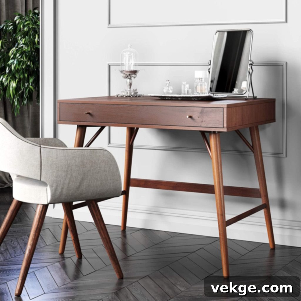 Stylish mid-century wood desk in a Scandinavian office