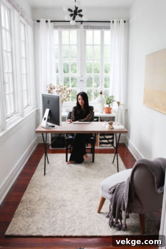 Scandinavian home office with white window frames