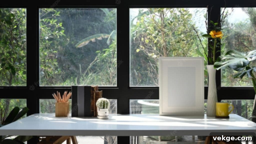 Modern Scandinavian office with black window frames