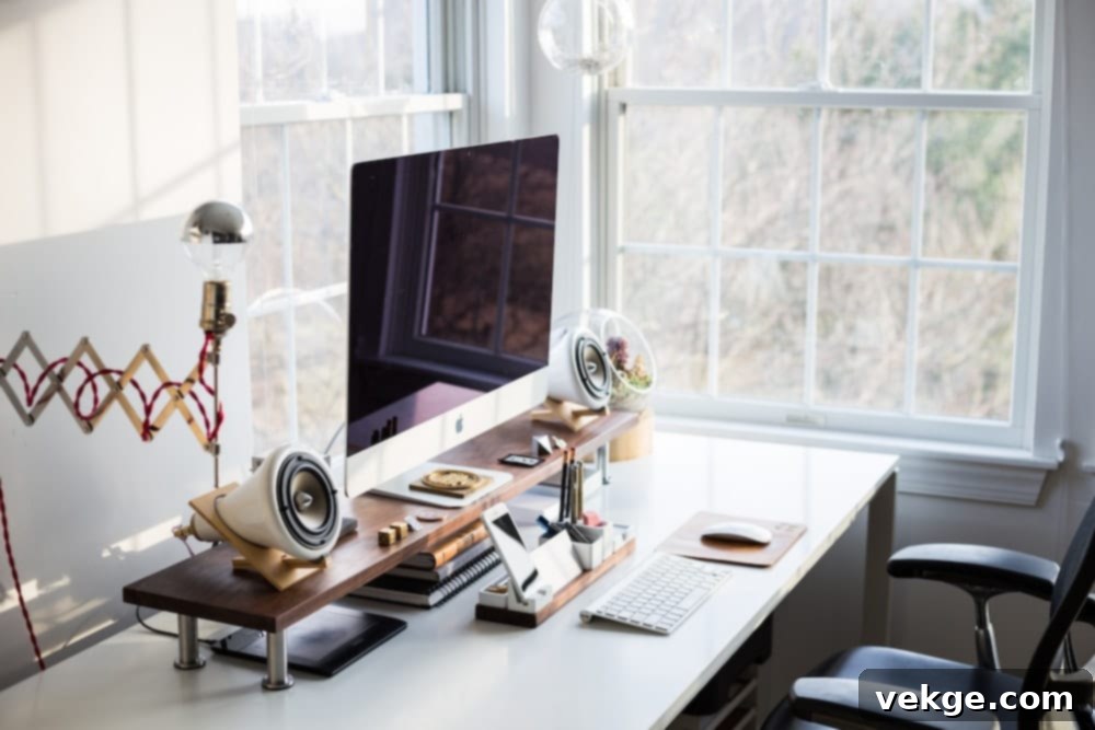 Clean white desk in a minimalist Scandinavian office