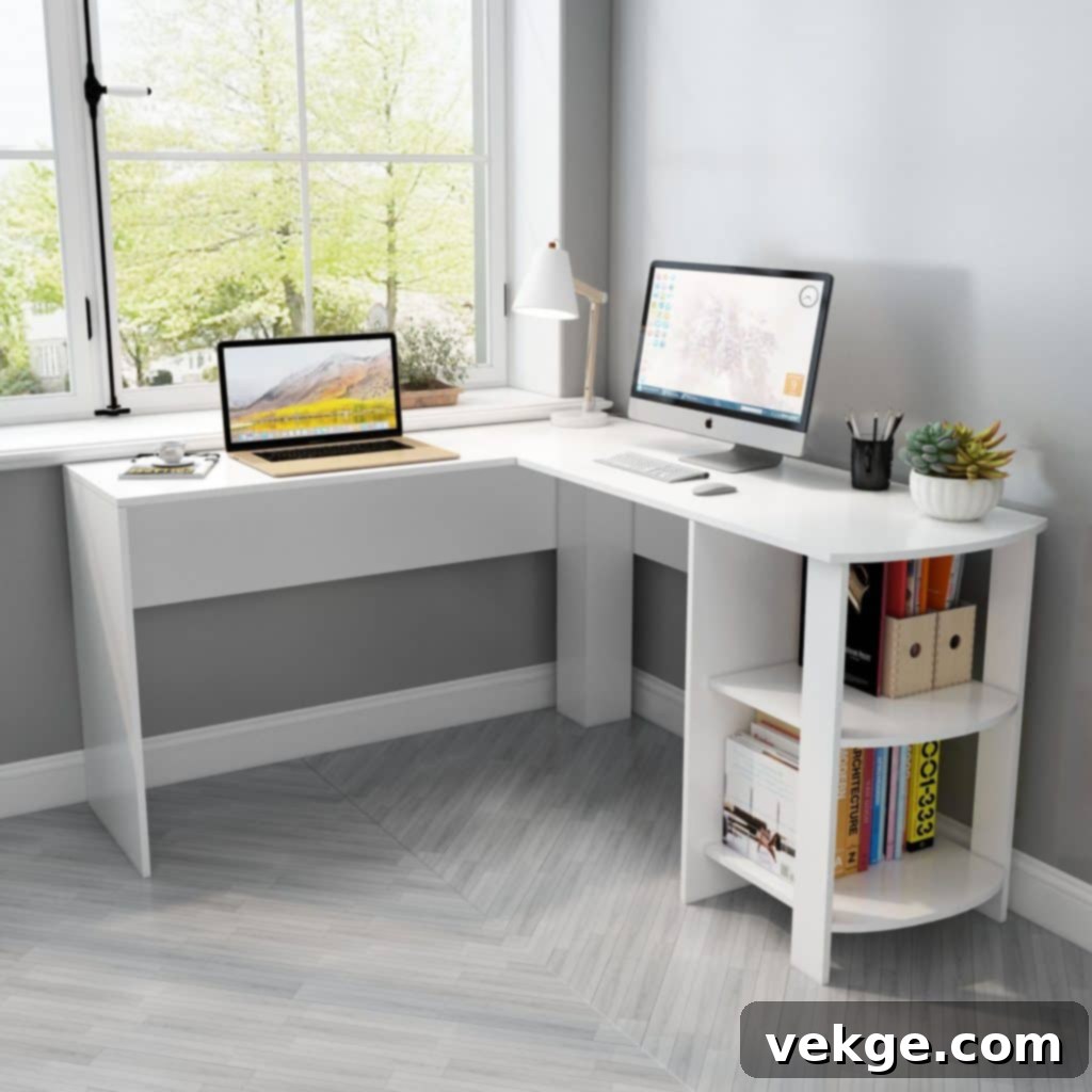 Efficient white corner desk in a Scandinavian style office