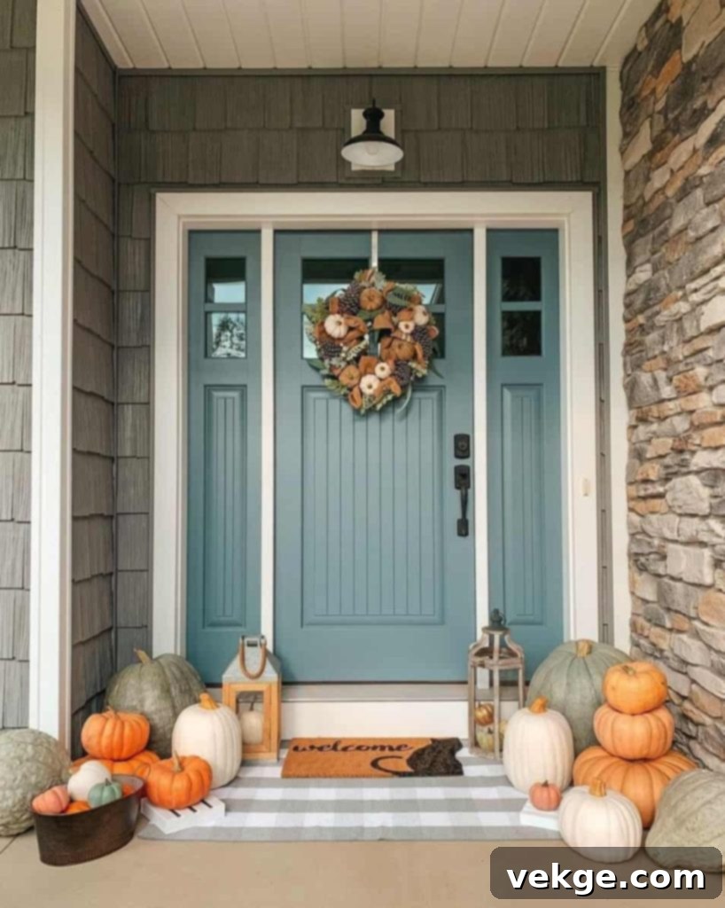 putting a funky fall wreath on the door