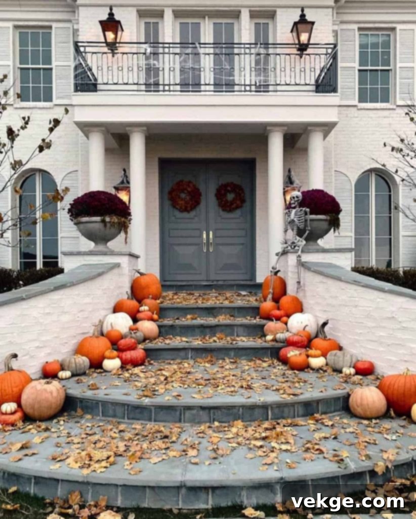 porch and line up the mix of orange and white pumpkins at the steps
