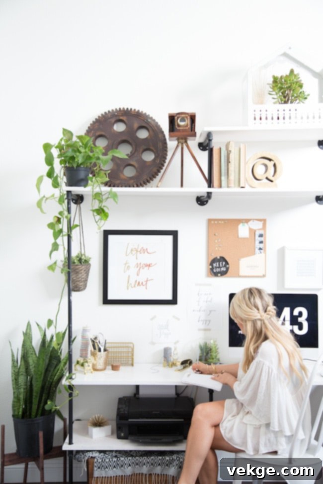 Bright home office with touches of green indoor plants