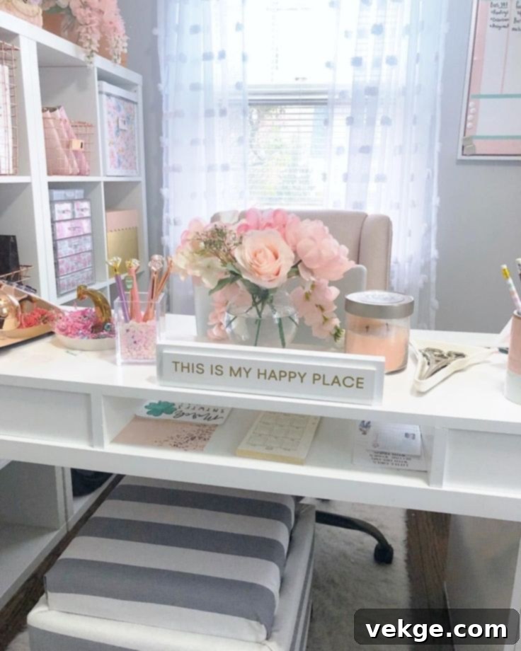 Feminine home office decorated with elegant floral paperwork and art