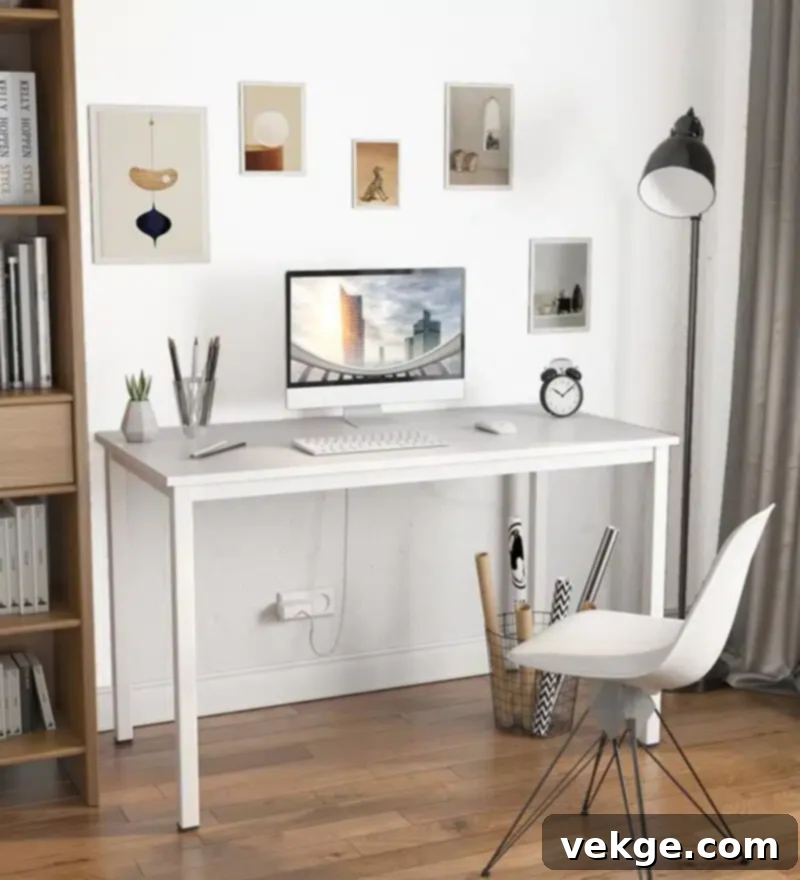 Clean and minimalist feminine office with a basic white table and chair