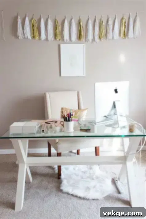 Feminine home office featuring minimal mandala art and macrame wall hangings