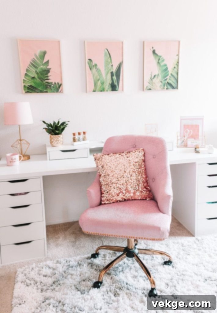 Chic feminine home office with a prominent pink desk