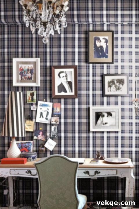 Feminine home office ideas featuring a stylish plaid wall