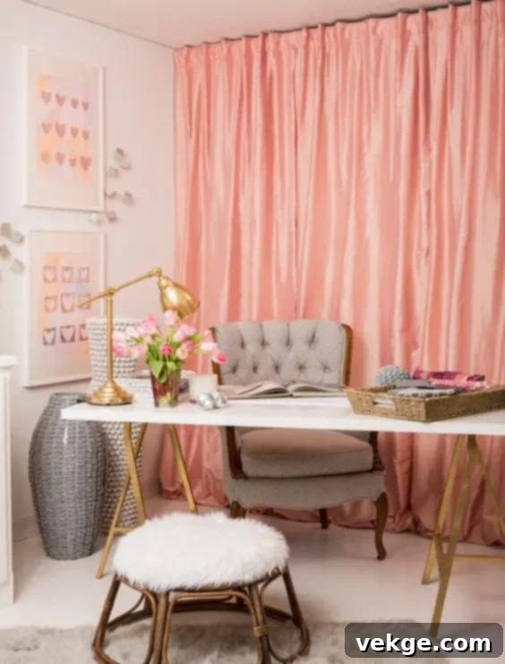 Aesthetic feminine office with coordinated pink curtains and rugs