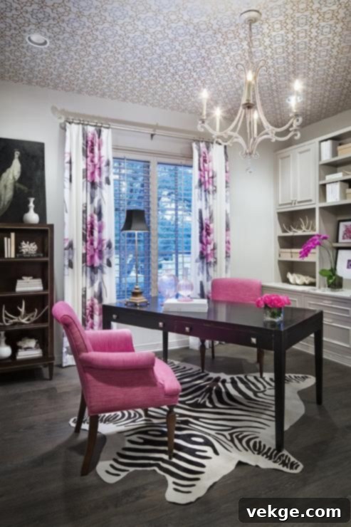 Feminine home office featuring a comfortable pink office chair