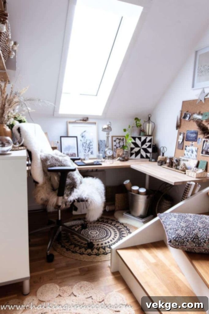 Feminine home office with ceramic pots and dried ferns on a desk