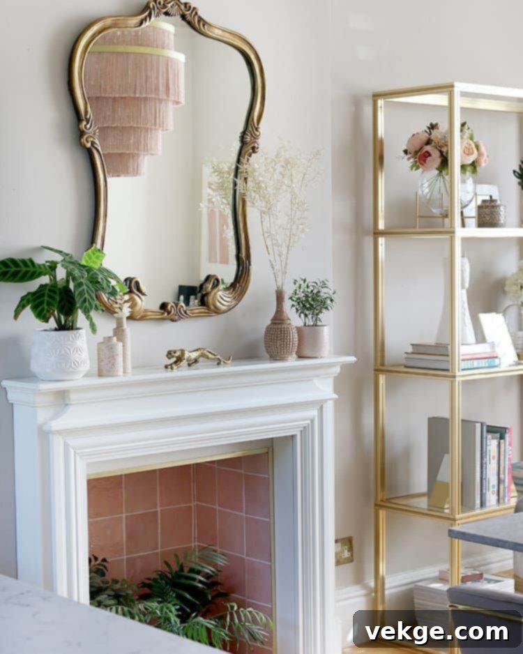 Ornate framed mirror adding sparkle to a glam living room