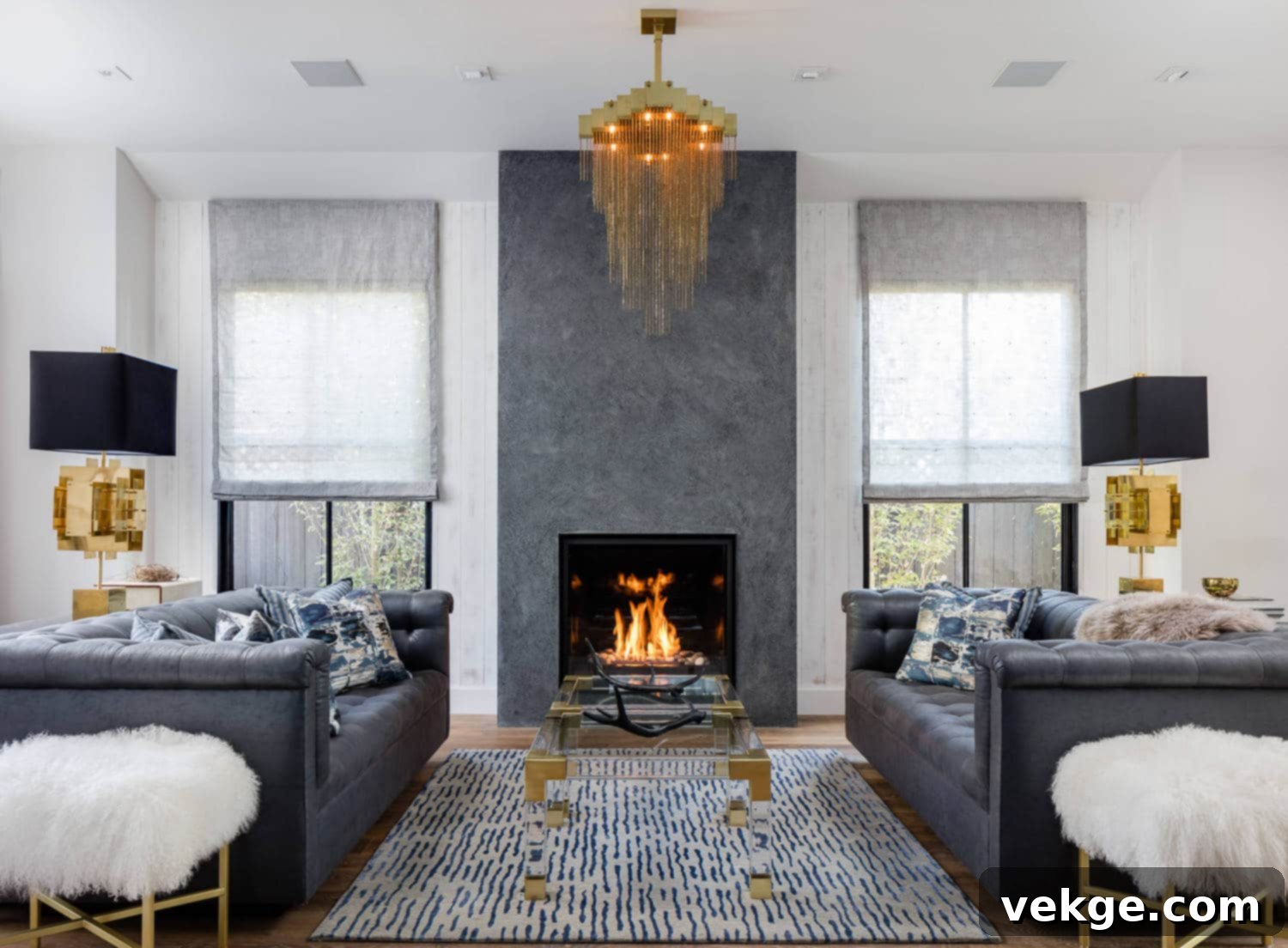 Elegant chandelier over a fireplace in a glam living room