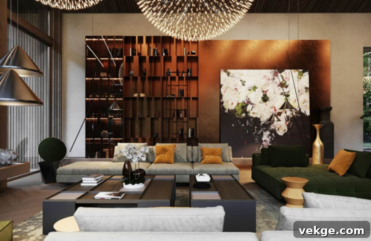 Glamorous living room with a large, elegant artwork above the sofa