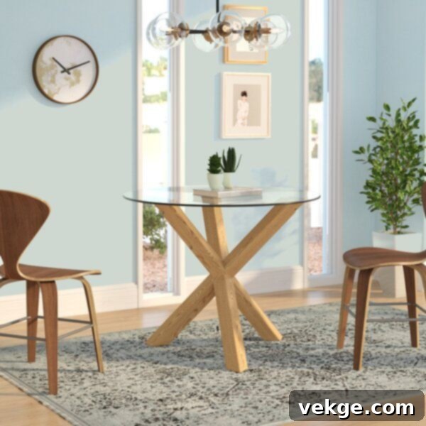 Barnett Round Dining Table with metal tripod base and glass top