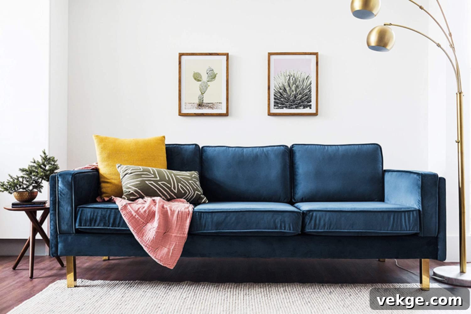 Midcentury Modern Blue Velvet Sofa