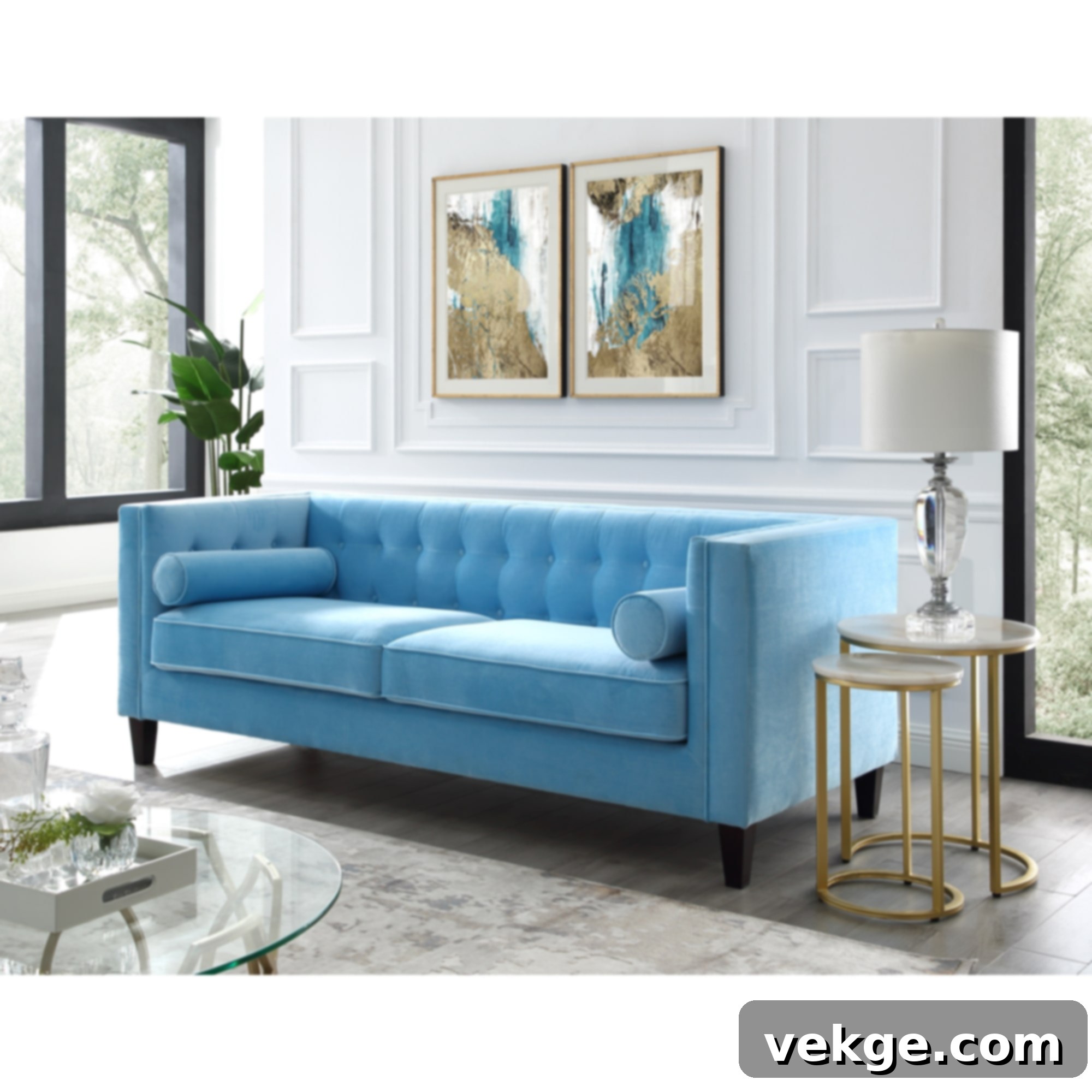 tufted blue velvet sofa