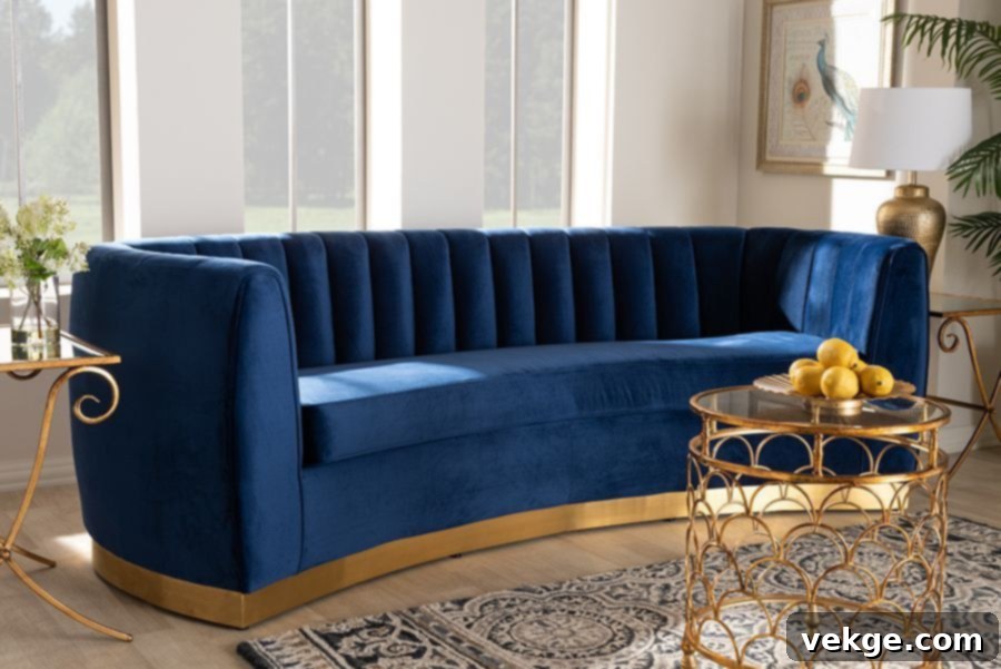 gold accent with blue velvet sofa living room ideas