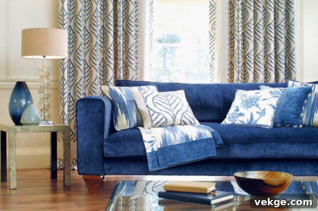 Blue sofa in a window on sunny day with table in foreground