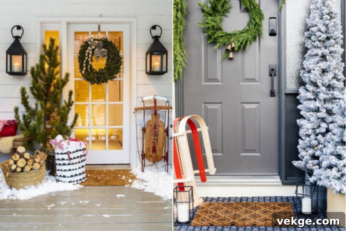 Christmas decorating ideas for the front door with a red wreath and white elements, showcasing bold contrast
