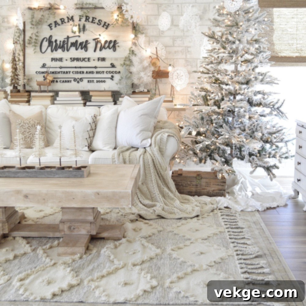 Glam living room with a white Christmas tree sign and neutral decor, creating an elegant holiday design