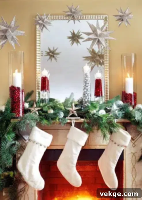 Christmas stockings in white and natural tones, hung on a mantelpiece as part of elegant holiday decor